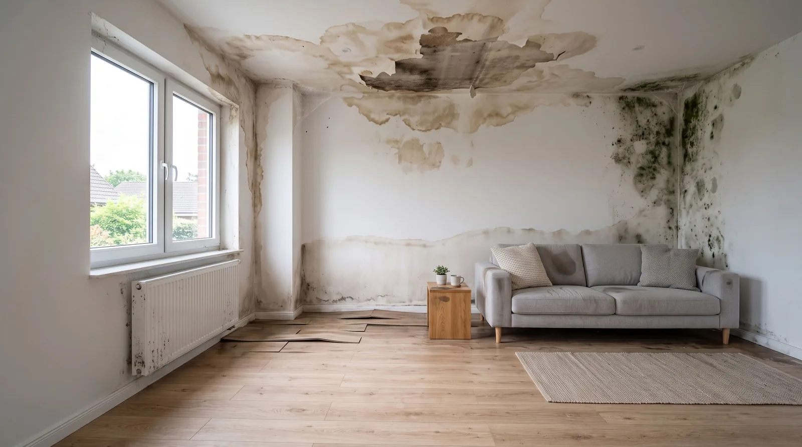 Wohnraum mit sichtbarem Wasserschaden